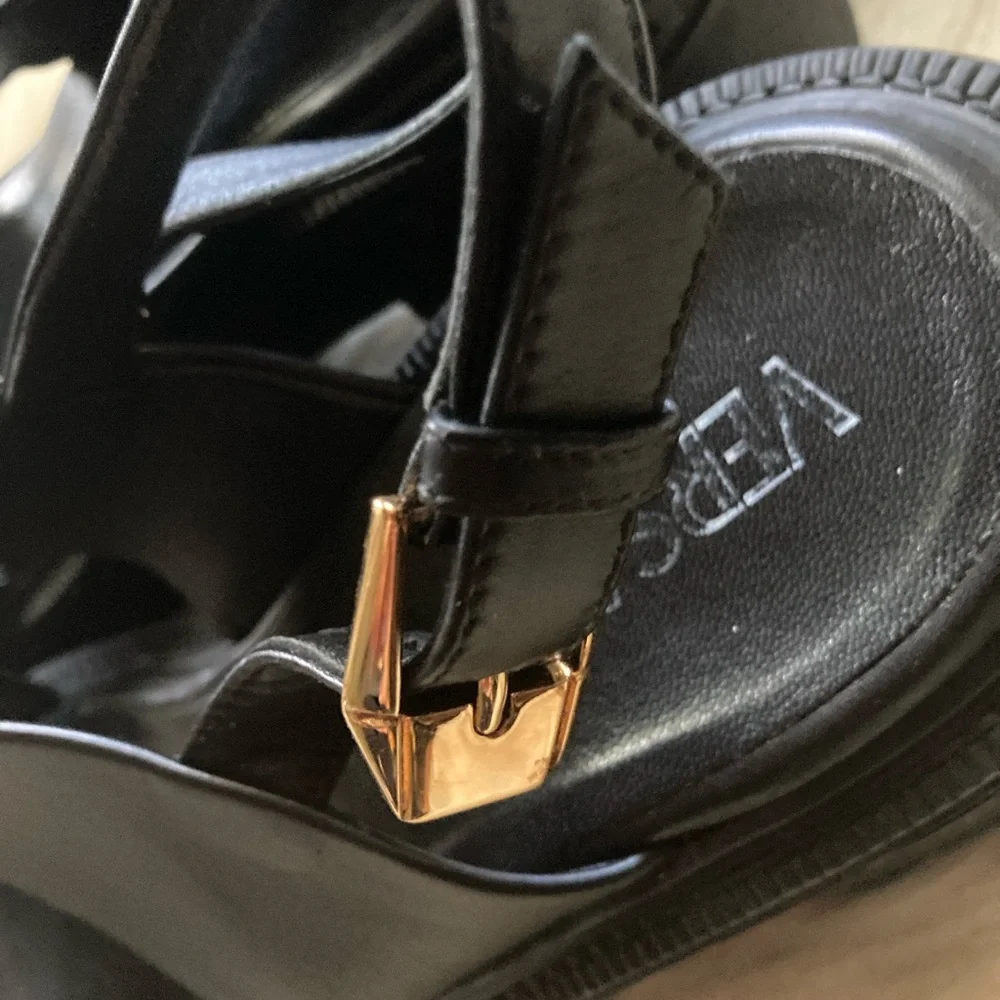Versace Black Leather Platform Sandals Block Heels Sz 41/11